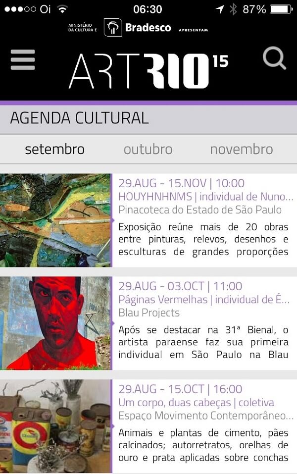 Tela da Agenda Cultural no App
