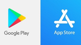 Logos das lojas da Apple e Google Play