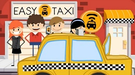 Ilustração de um táxi com passageiros felizes em volta