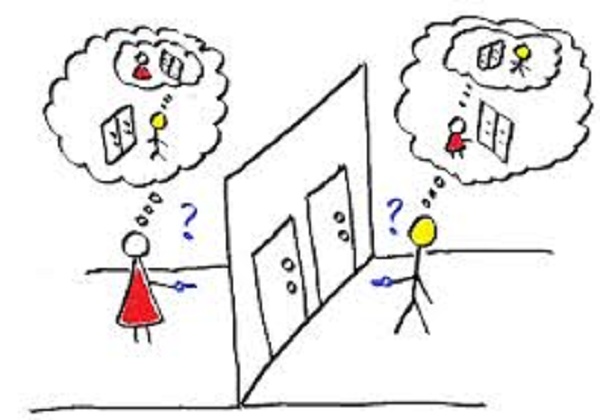 Desenho mostra um dilema sobre qual porta deve se abrir.