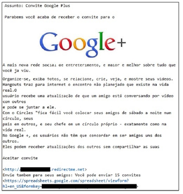 convite falso para o google plus
