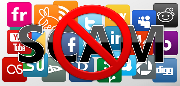 logos das mídias sociais com a palavra scam por cima