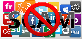 logos das mídias sociais com a palavra scam por cima