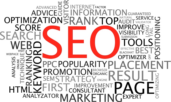 Importância do SEO Sigla SEO com várias palavras relacionadas em volta