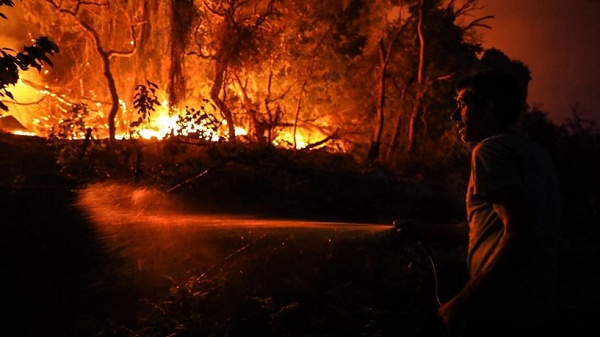 Funcionário da fábrica tentando apagar incêndio florestal