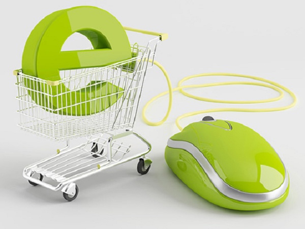 Mouse verde conectado a um carrinho de compras com a letra e dentro