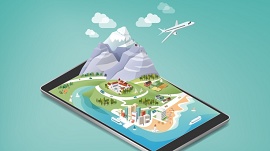 Ilustração de um smartphone com uma cidade na tela